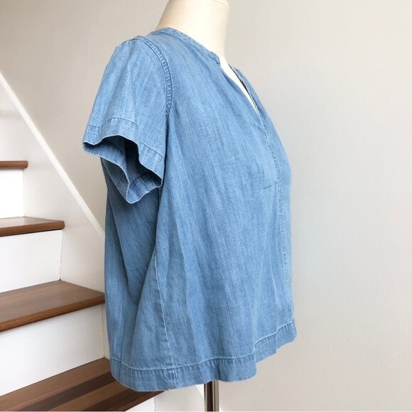 Madewell Blouse Womens Size XXS Blue Chambray Short Sleeve V Neck Oversized Boxy - Picture 11 of 11